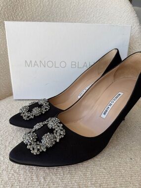 Manolo Blahnik Black Satin Pumps with Crystal Buckles